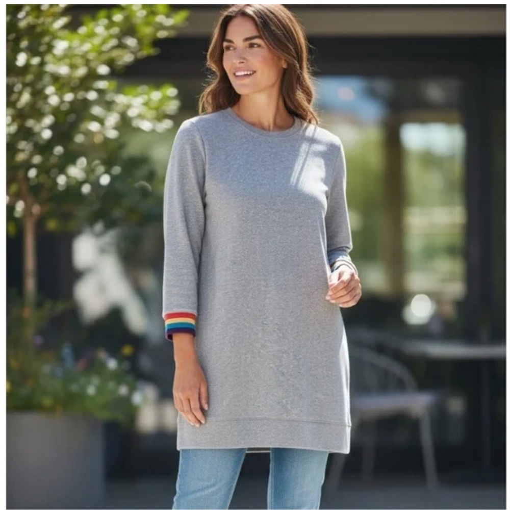 Lands End Gray Sweatshirt Dress with colorful striped Cuffs Size XL